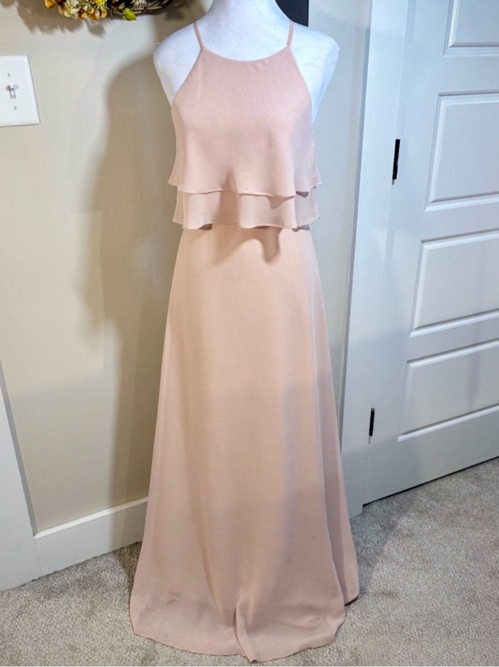 💥Jenny Yoo Charlie Blush Chiffon Ruffle Halter Bridesmaid Maxi Gown Sz 2 🧡